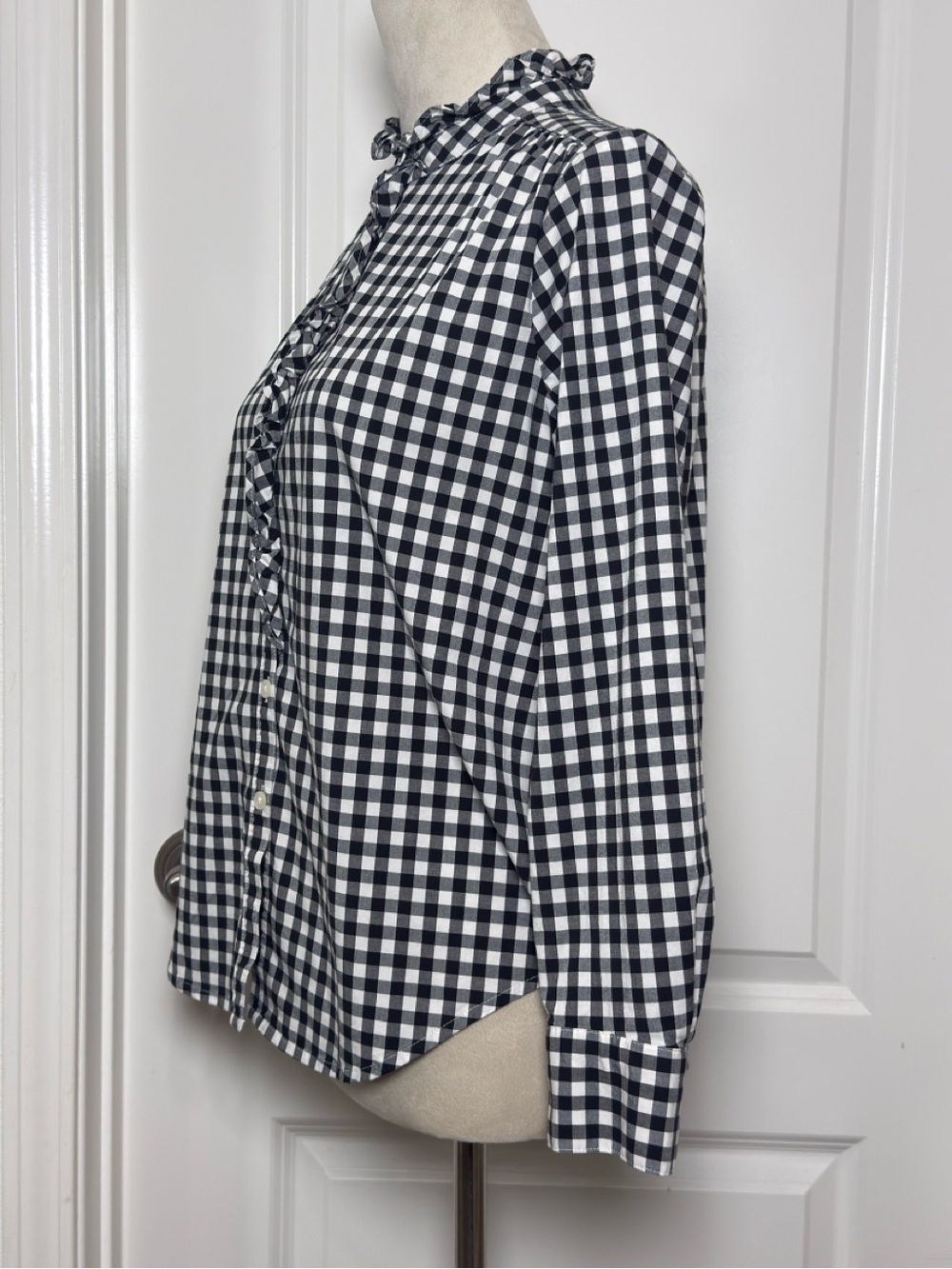 Ann Taylor Petite Black and White Gingham Ruffle Collar Button-Down Shirt - Picture 4 of 10
